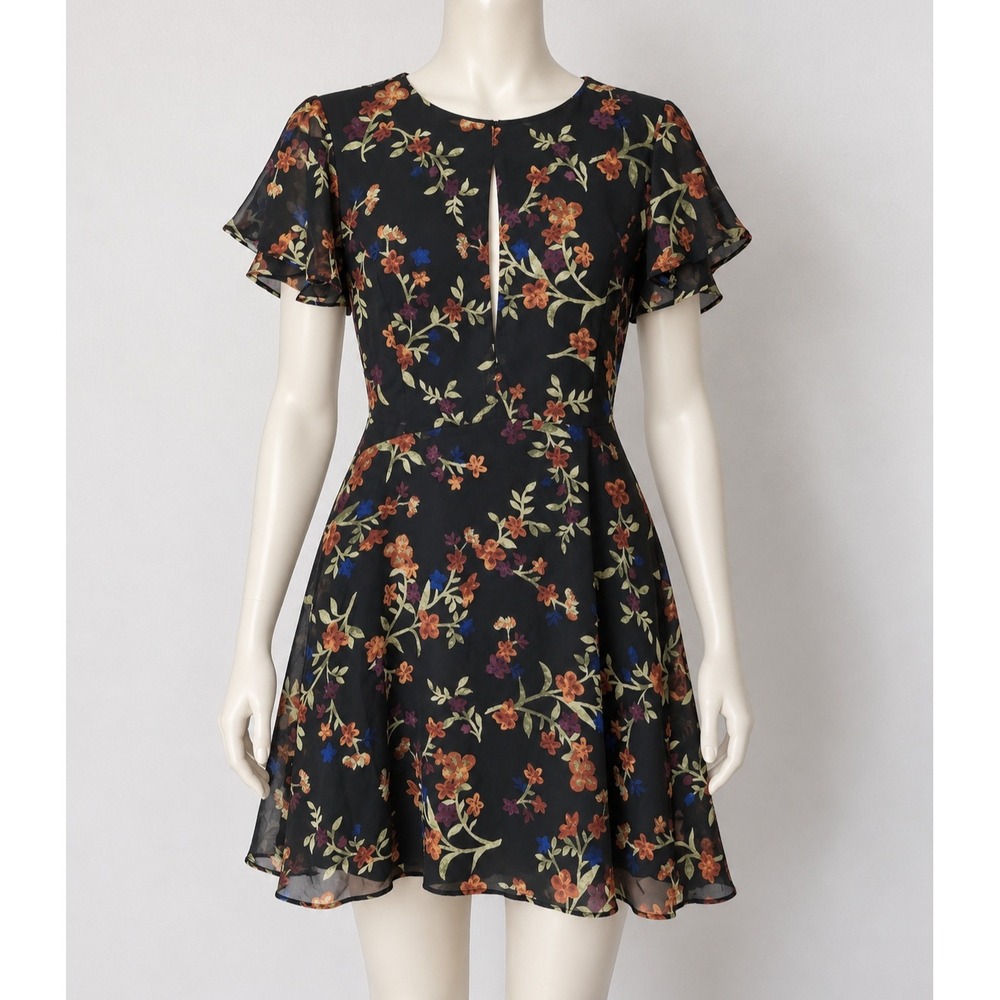 GB Women Black Floral Keyhole Fit and Flare Mini Dress Short Flutter Sleeve S